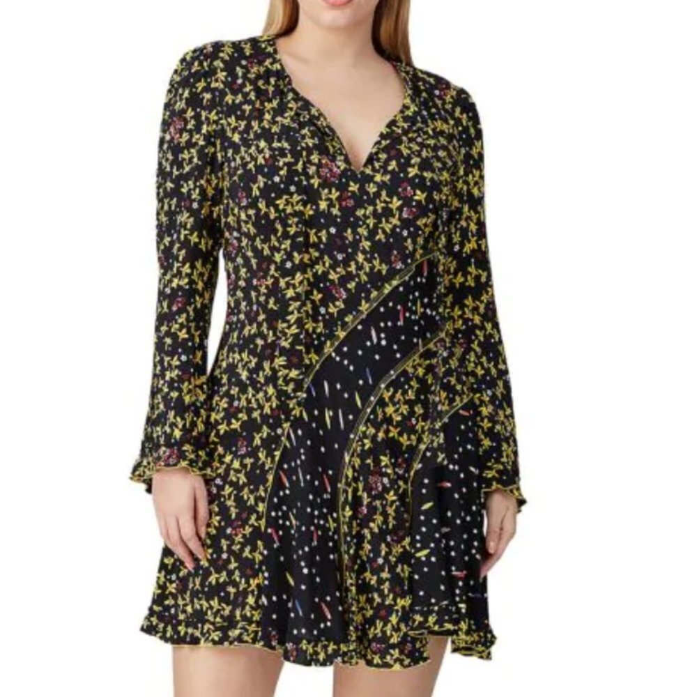 Derek Lam 10 Cosby Catia mix print a line black yellow floral dress